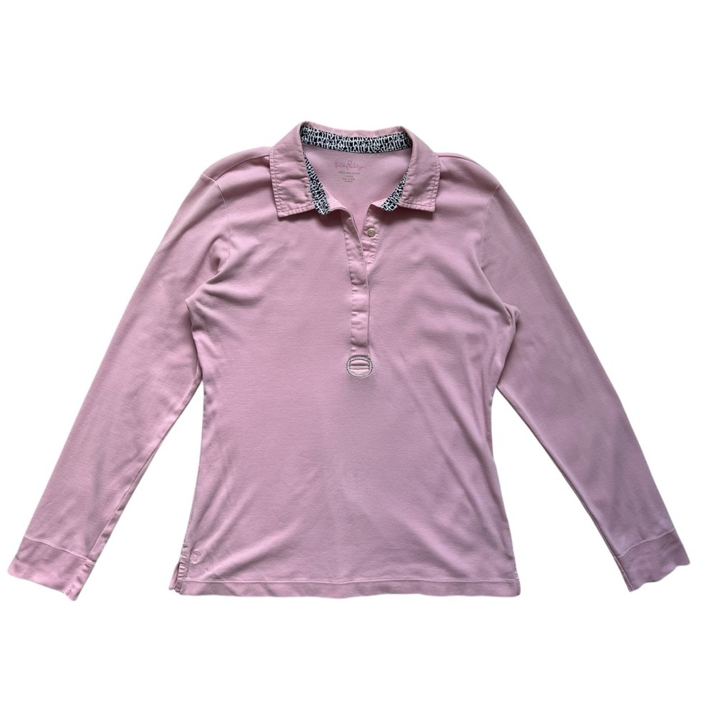 Lilly Pulitzer Pink 100% Pima‎ Cotton Long Sleeve Polo Rugby Henley Size L